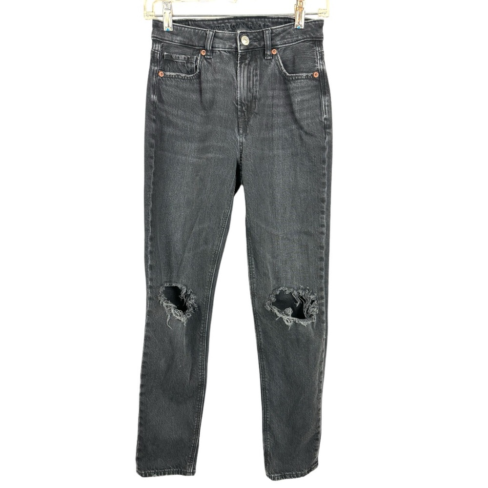 🥑5/$25 American Eagle Size 0 Womens Mom Jeans Strigid Black Distress Stretch